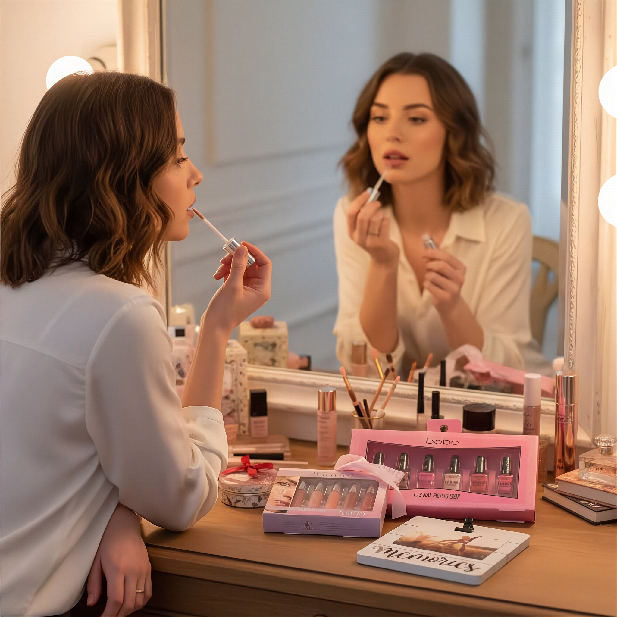 Woman applying lipstick in front of a mirror with makeup products on a table.