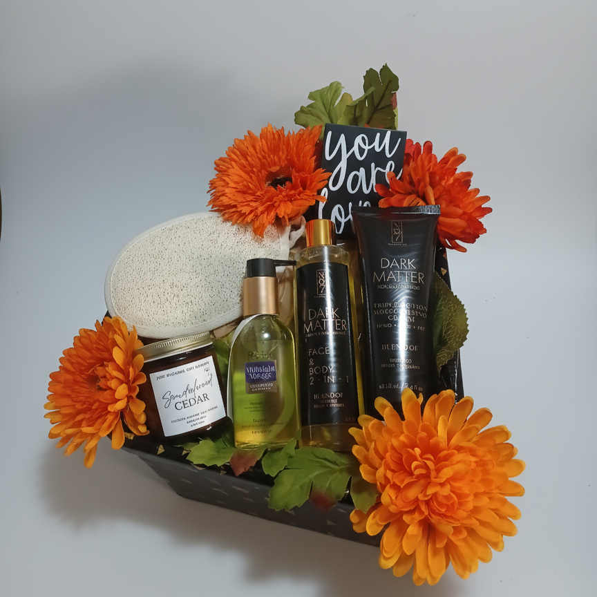 Gift basket with skincare products and orange flowers on a white background