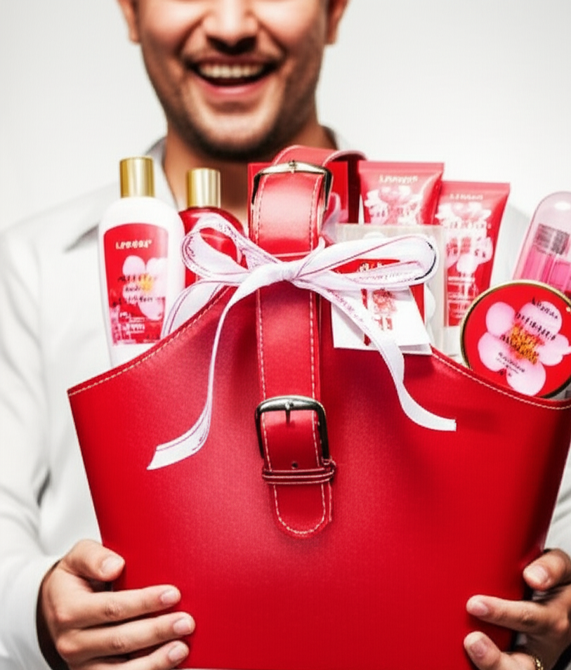 Red gift bag filled with beauty products held by a person