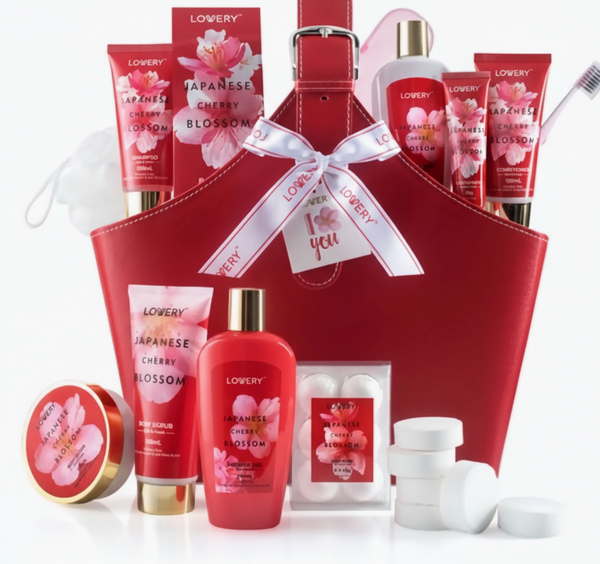 Red gift basket with Lowery Japanese Cherry Blossom products on a white background