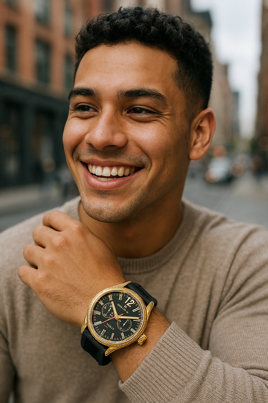 Man wearing a watch with a blurred city street background