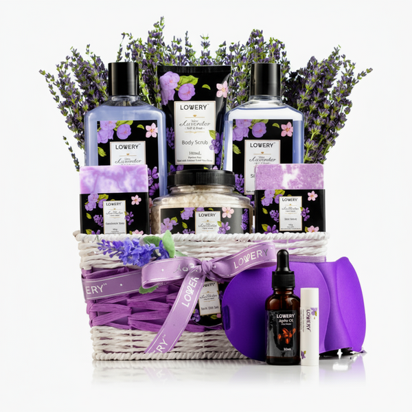 Lavender-themed gift basket with various products including bottles and a candle, featuring the brand 'Lowery'.