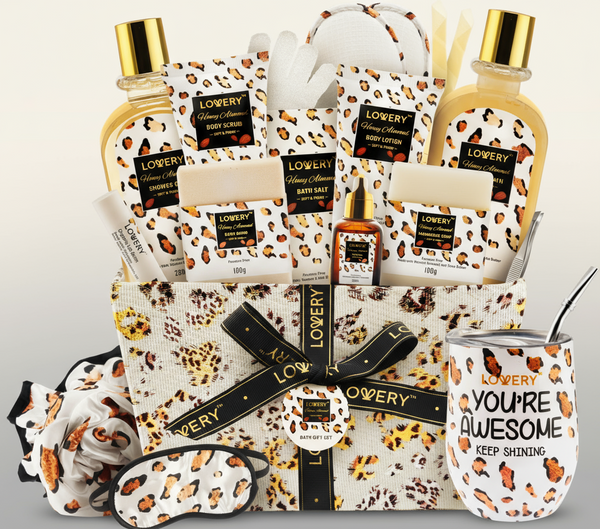 Collection of Lowery beauty products with leopard print design on a white background
