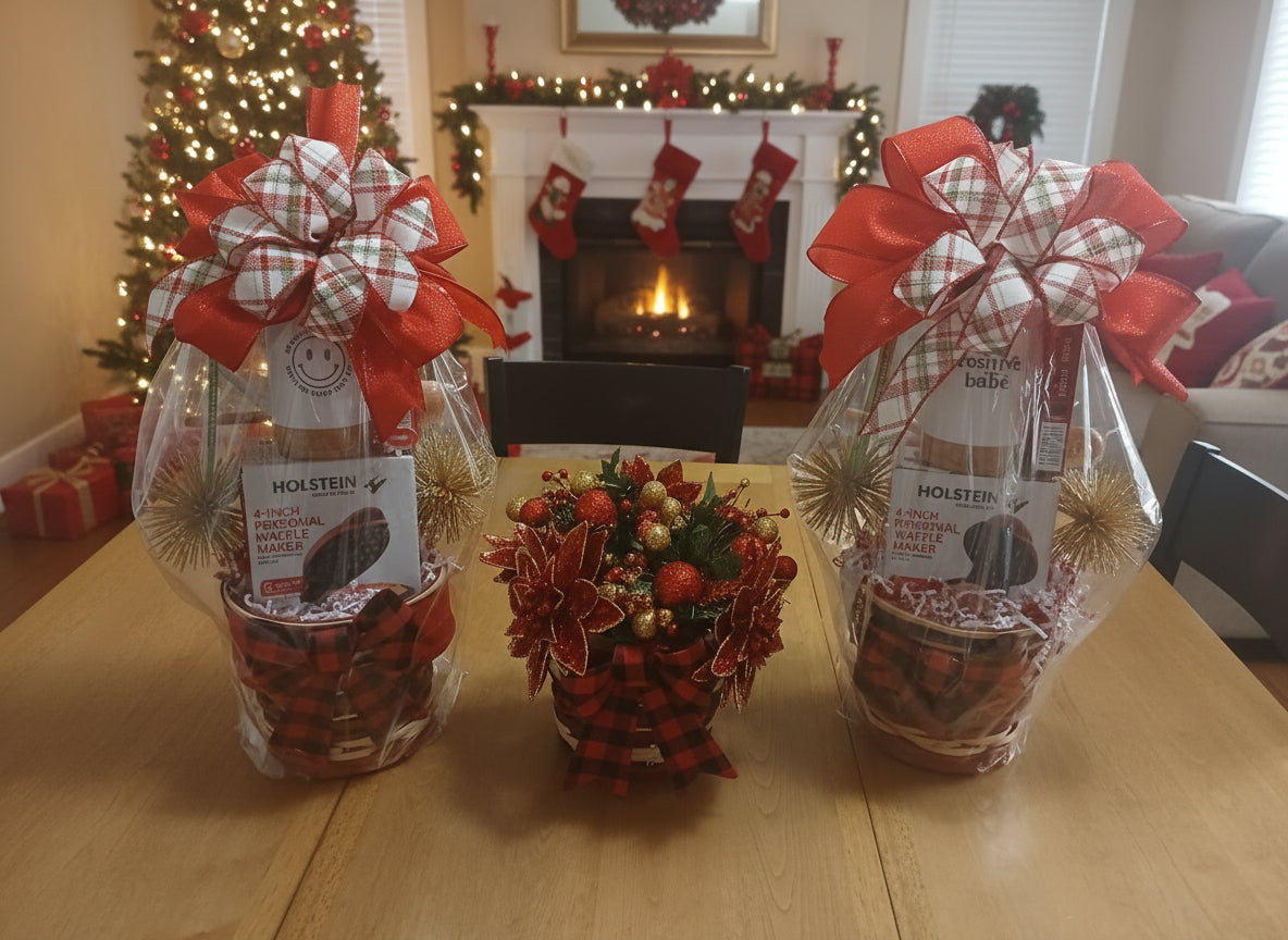 Two gift baskets with red ribbons on a table in a decorated living room.