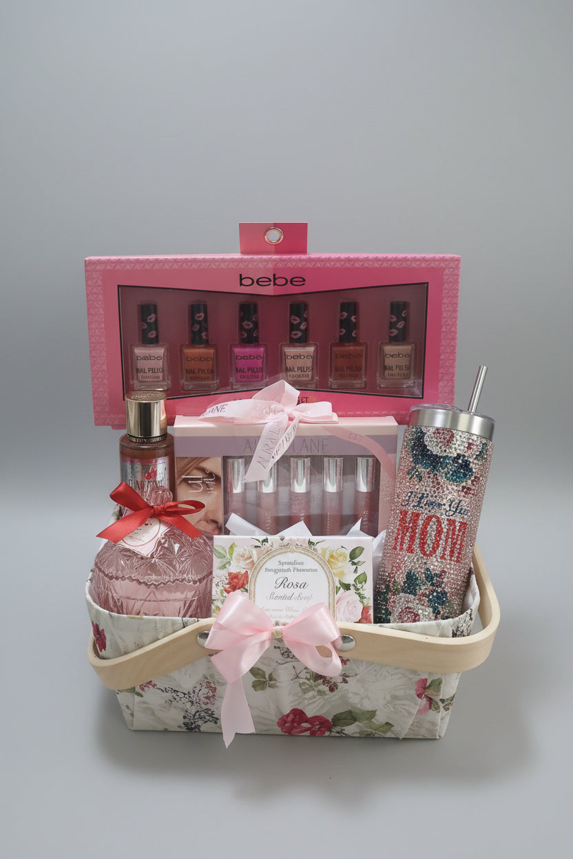 Gift basket with perfumes, soap, and a tumbler on a gray background