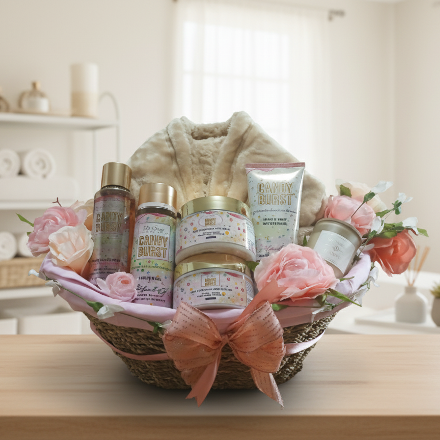 Bath and body gift basket with various products on a table.