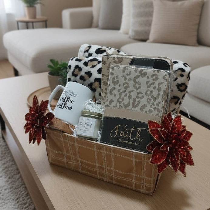 Leopard Print "Faith & Coffee" Comfort Gift Basket - The Perfect Blend of Cozy & Spiritual - Just Because Gift Baskets