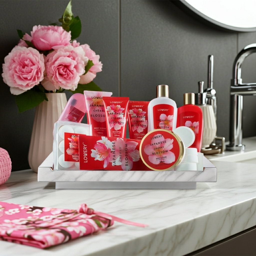 Japanese Cherry Blossom Bath Set, 25PC Spa Leather Bag
