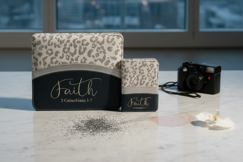 Two leopard print wallets with 'Faith' engraved on them, placed on a surface with a cityscape view in the background.