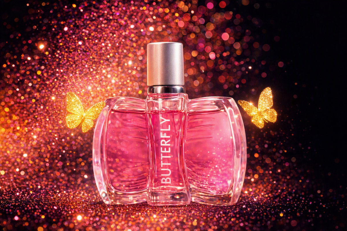 Pink perfume bottle with a silver cap and vertical 'BUTTERFLY' text, centered on a glittery pink and black background with two glowing gold butterflies.