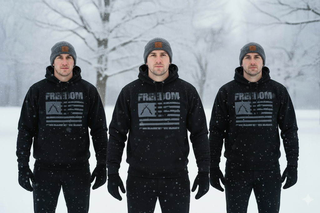 Three men wearing freedom hoodie