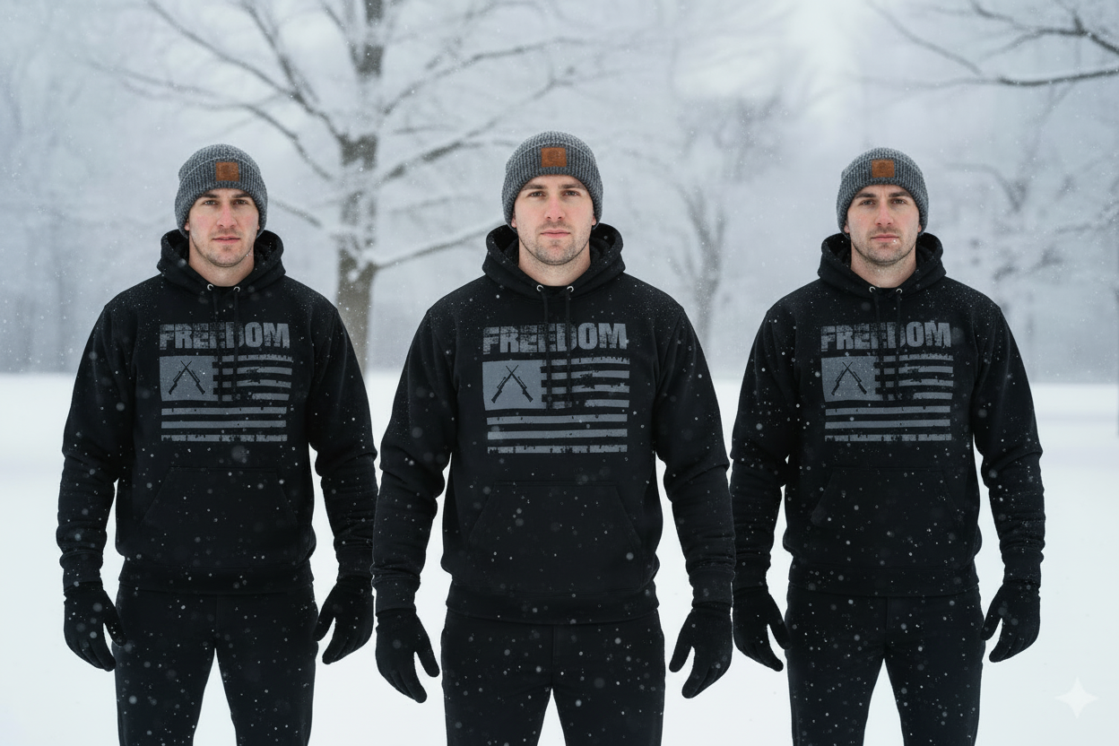 Three men wearing freedom hoodie
