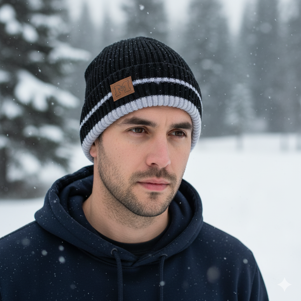 Man wearing a black and gray beanie with a snowy forest background