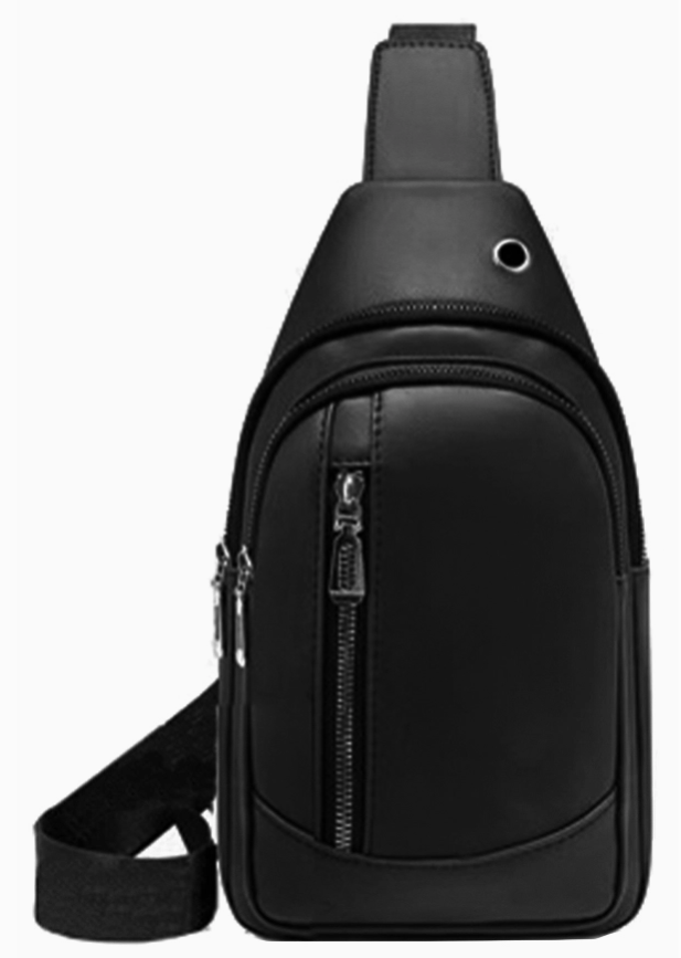 Black sling bag with zippers on a white background