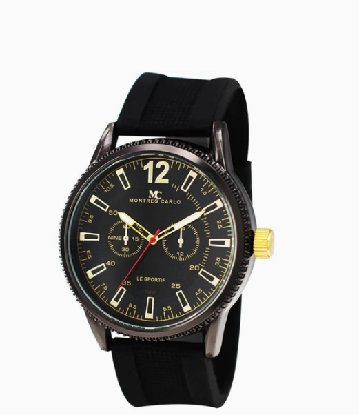 Black watch with a detailed face on a white background