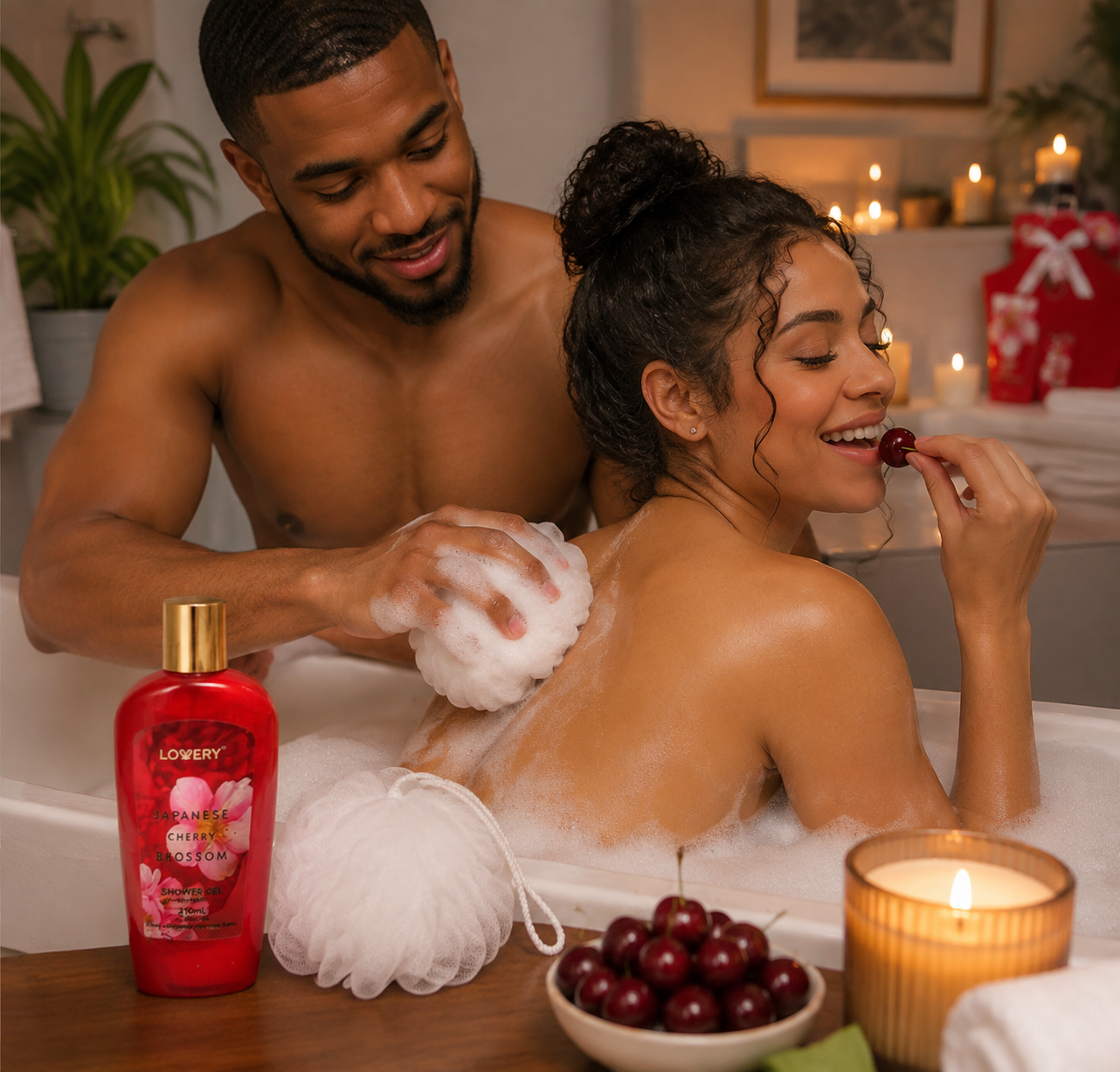 A couple relaxing in a bubble bath with candles, featuring a bottle of LEOWERY Cherry Blossom Shower Oil in the foreground, with a man washing the woman's back.
