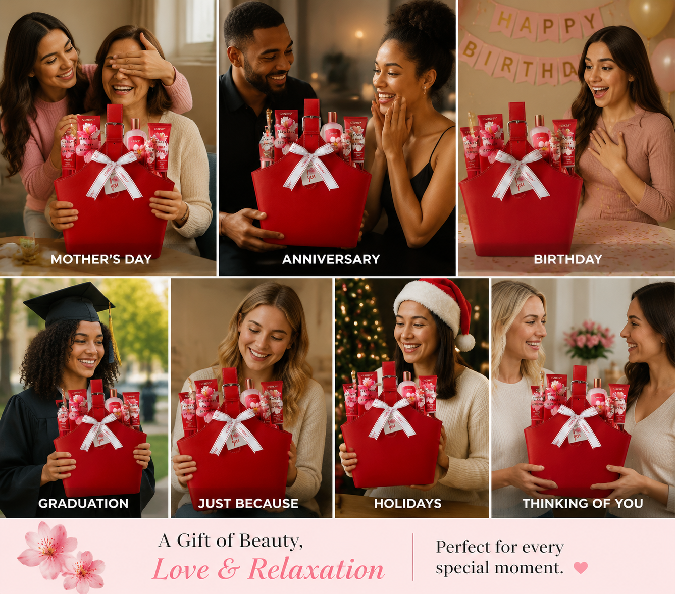 A collage of eight lifestyle photos showing women holding a red gift box filled with beauty products, tied with a white bow. The scenes are labeled for occasions such as Mother's Day, Anniversary, Birthday, Graduation, Just Because, Holidays, and Thinking of You.