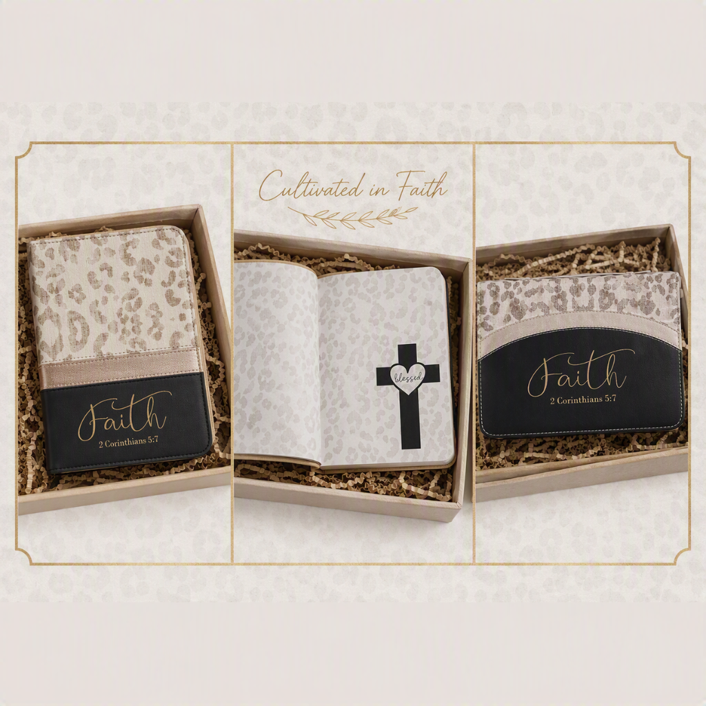 Three views of a Faith-themed wallet set in a gift box, featuring a leopard print and black leather finish with gold 'Faith 2 Corinthians 5:17' script and a central cross with a heart emblem.