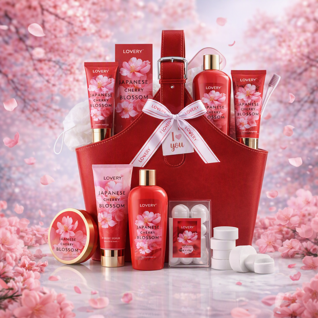 Japanese Cherry Blossom Bath Set, 25PC Spa Leather Bag