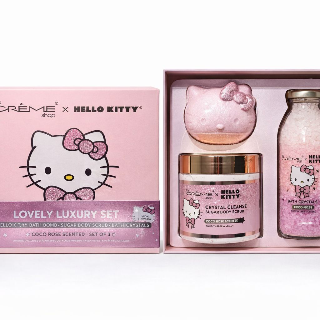 Creme Shop x Hello Kitty Lovely Luxury Set with bath bomb, scrub, and bath crystals on a white background