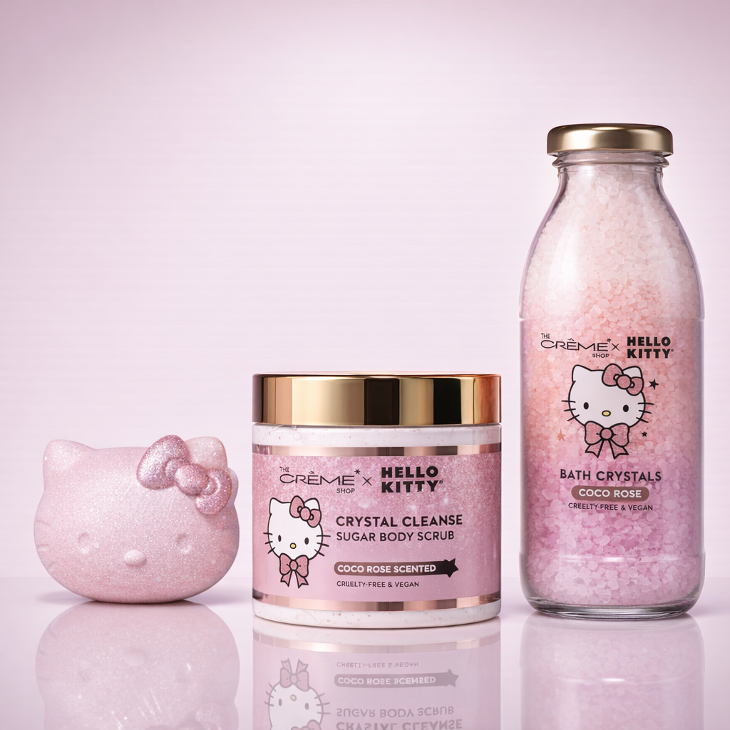 Hello Kitty-themed skincare products including a jar, bottle, and pink cat-shaped container on a light purple background.