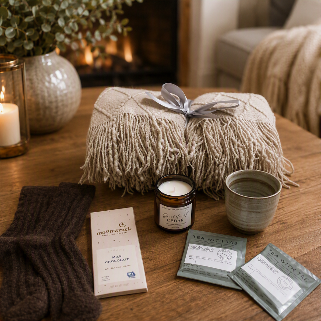 A cozy gift set arranged on a wooden table in front of a warm fireplace. The set includes a cream knit throw blanket with fringe and a silver ribbon, a dark brown knitted sweater, a candle in an amber glass jar labeled 'Coconut Cream', a ceramic mug, and tea packets and a milk chocolate bar.