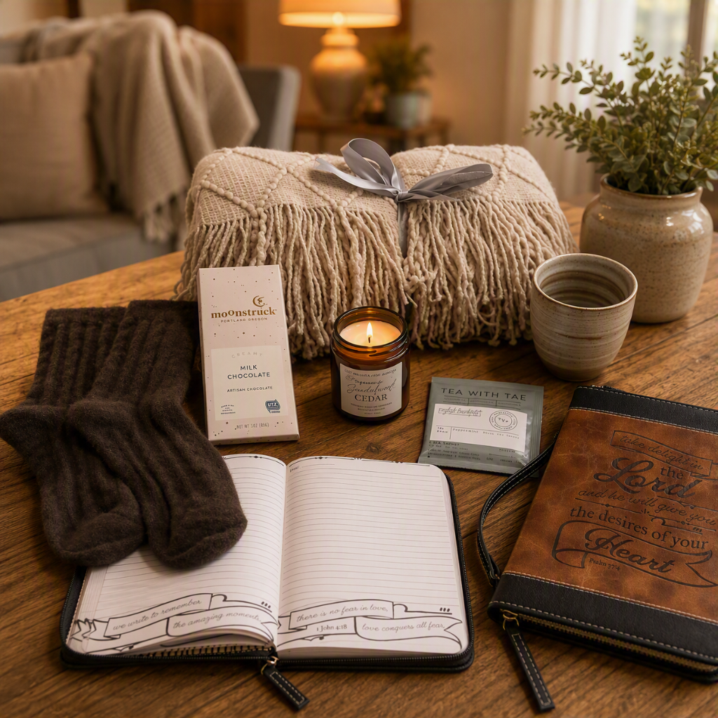 A cozy tabletop arrangement in a warm living room setting, featuring a knitted beige throw blanket tied with a gray ribbon, a pair of dark brown cable-knit socks, an open notebook with lined pages, a candle, a chocolate bar, a tea packet, a ceramic cup, and a brown leather journal.