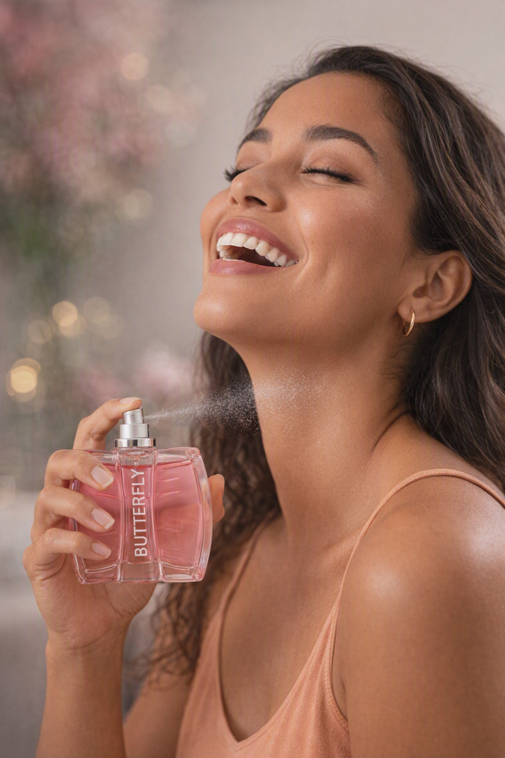 A woman with her eyes closed and mouth open, spraying a pink Butterfly perfume bottle. The bottle is clear with pink liquid inside and a silver spray mechanism.