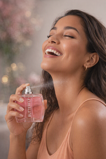 A woman with her eyes closed and mouth open, spraying a pink Butterfly perfume bottle. The bottle is clear with pink liquid inside and a silver spray mechanism.