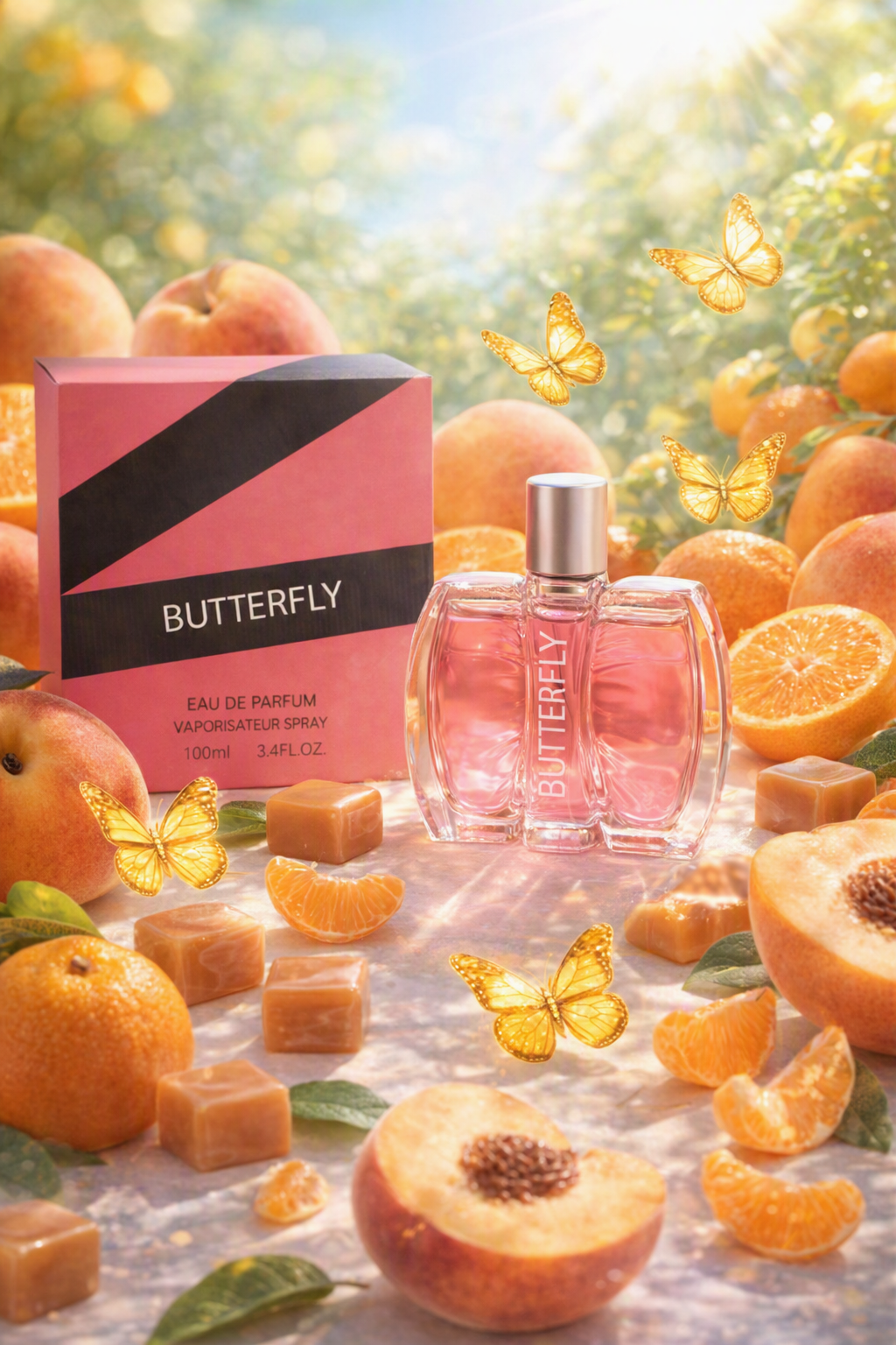 A perfume bottle and its box labeled BUTTERFLY, styled with peach halves, orange slices, caramel cubes, and butterflies on a bright outdoor surface. The product appears to be a pink fragrance, and the scene uses fruit and butterflies as decorative props rather than a real lived-in environment.
