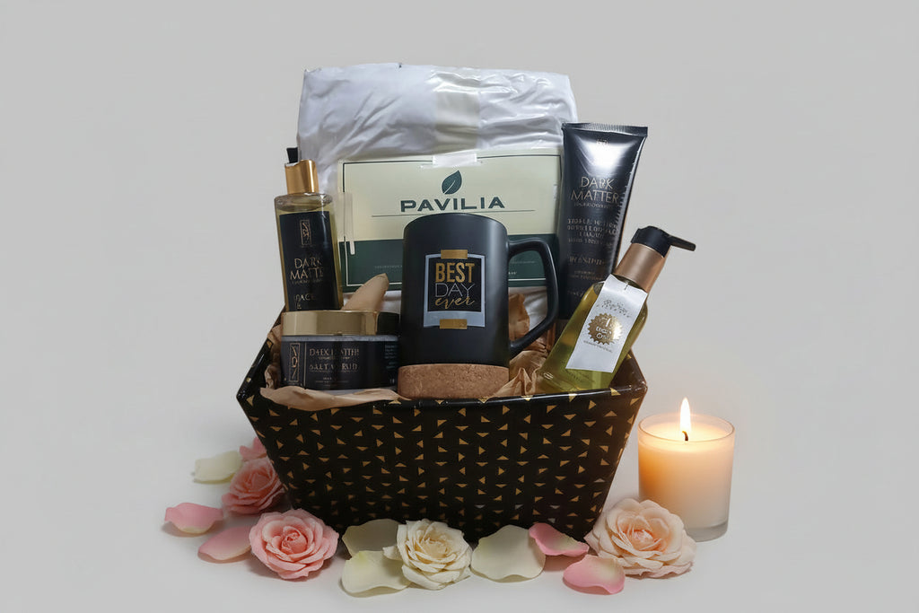 Gift set with coffee mug, robe and Dark Matter Spa Collection