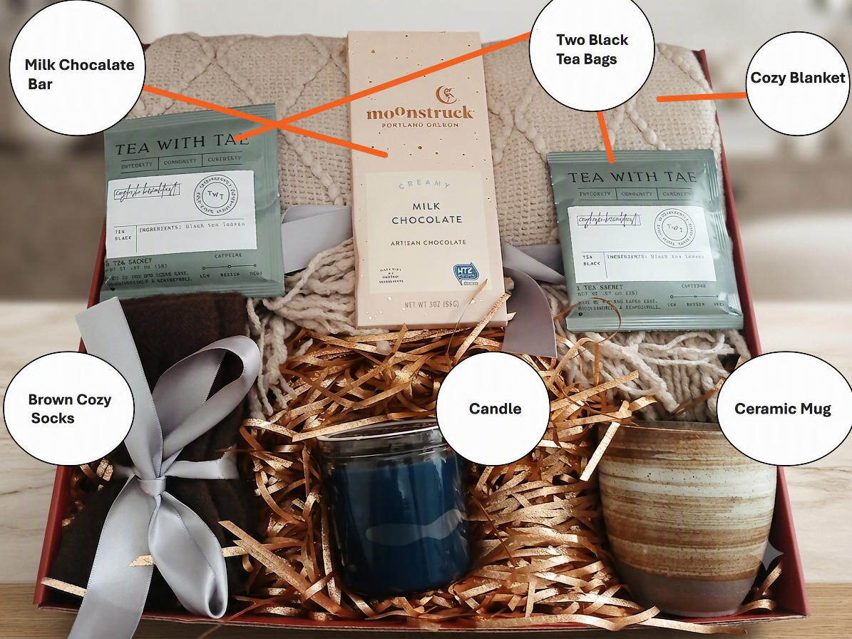 A curated gift box arrangement on a neutral surface, featuring a milk chocolate bar, two black tea bags, a cozy cable-knit blanket, a candle, a ceramic mug, and brown cozy socks, all arranged in shredded paper with labeled callouts.