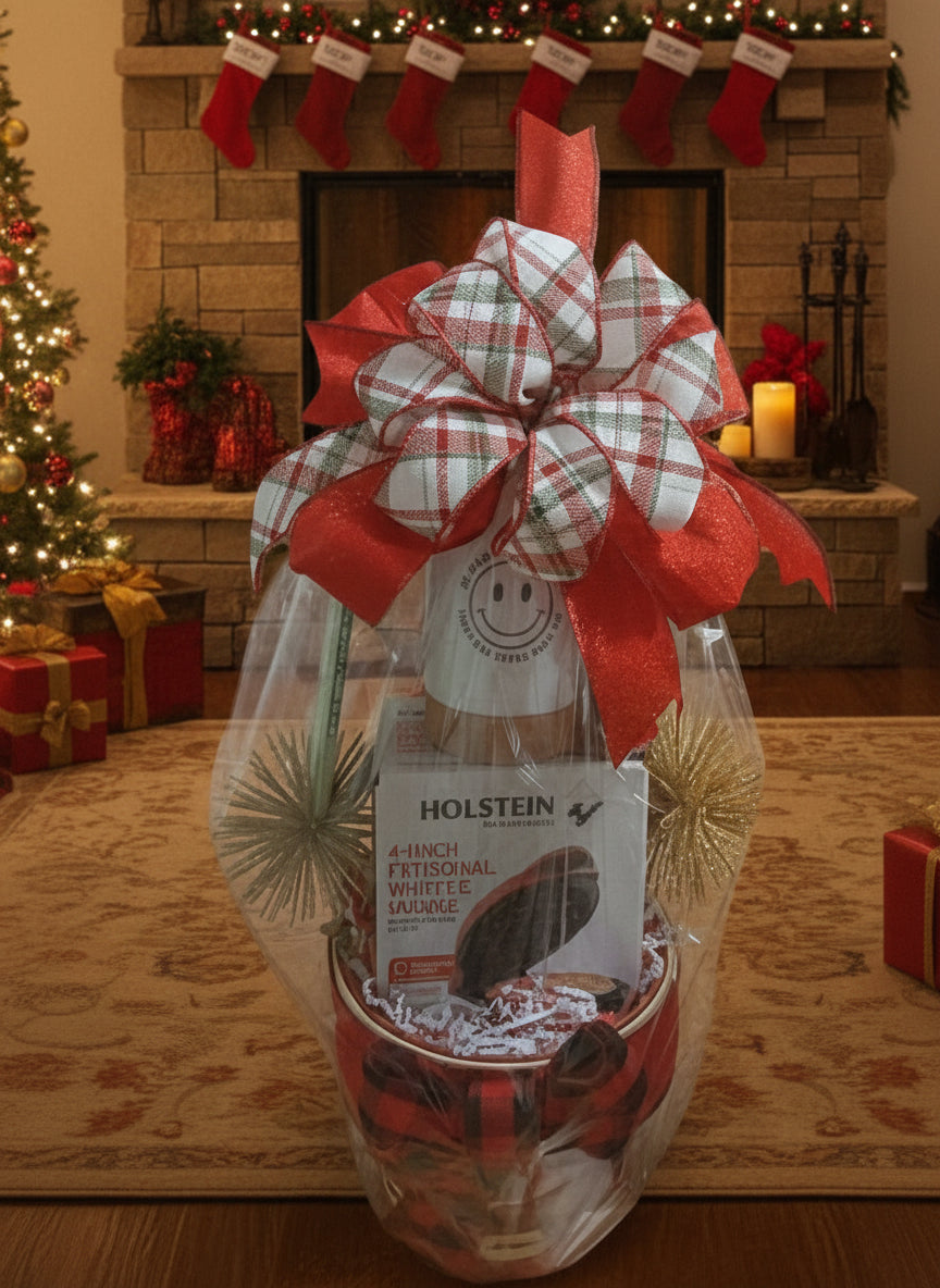 Gift basket with a large bow in front of a fireplace decorated for Christmas.