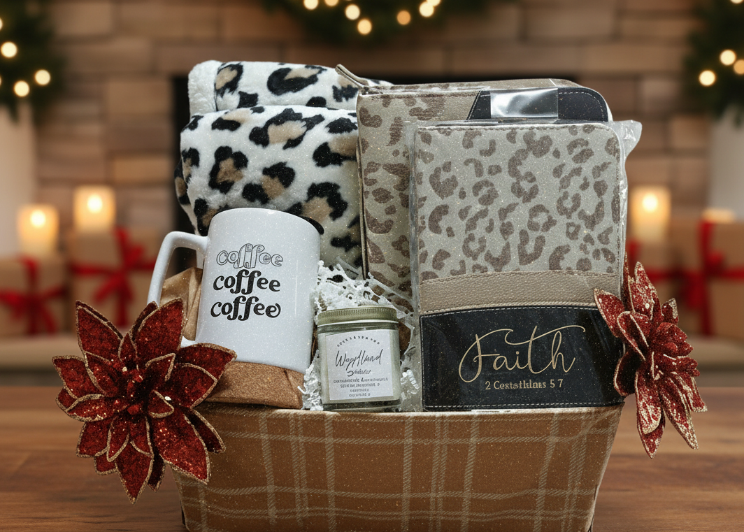 Leopard Print "Faith & Coffee" Comfort Gift Basket - The Perfect Blend of Cozy & Spiritual - Just Because Gift Baskets