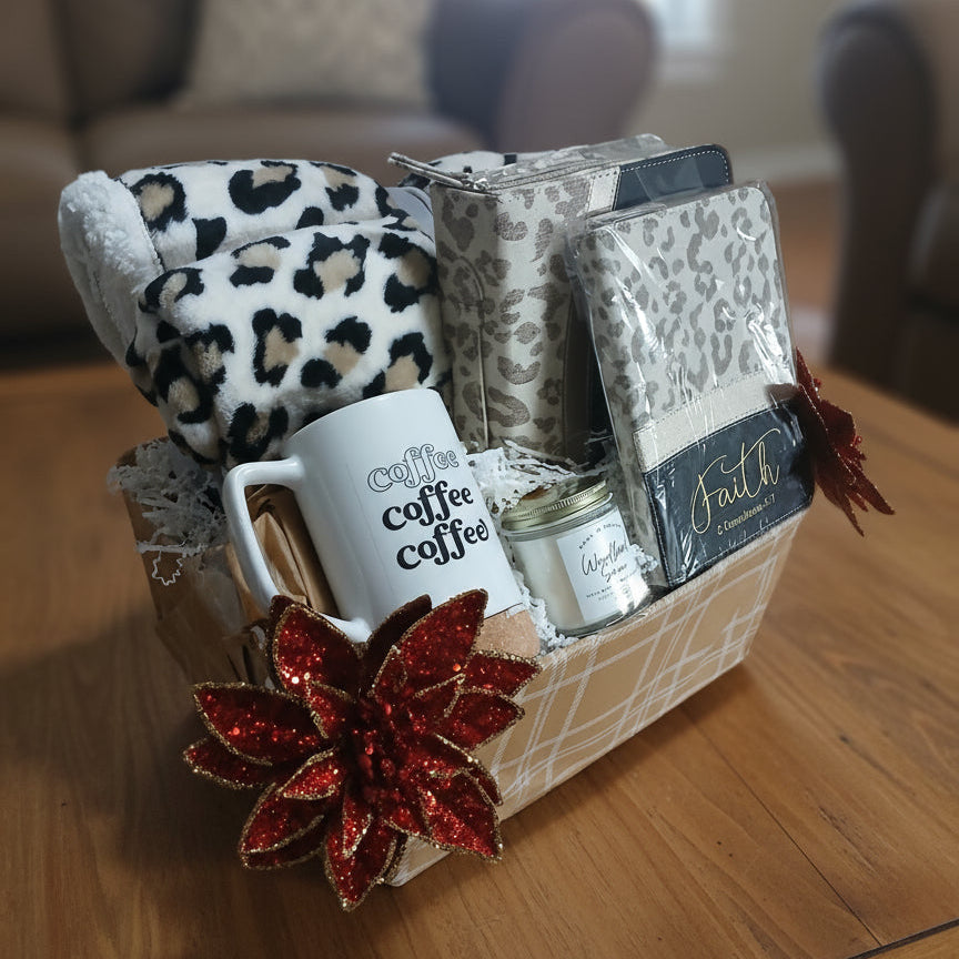 Leopard Print "Faith & Coffee" Comfort Gift Basket - The Perfect Blend of Cozy & Spiritual - Just Because Gift Baskets