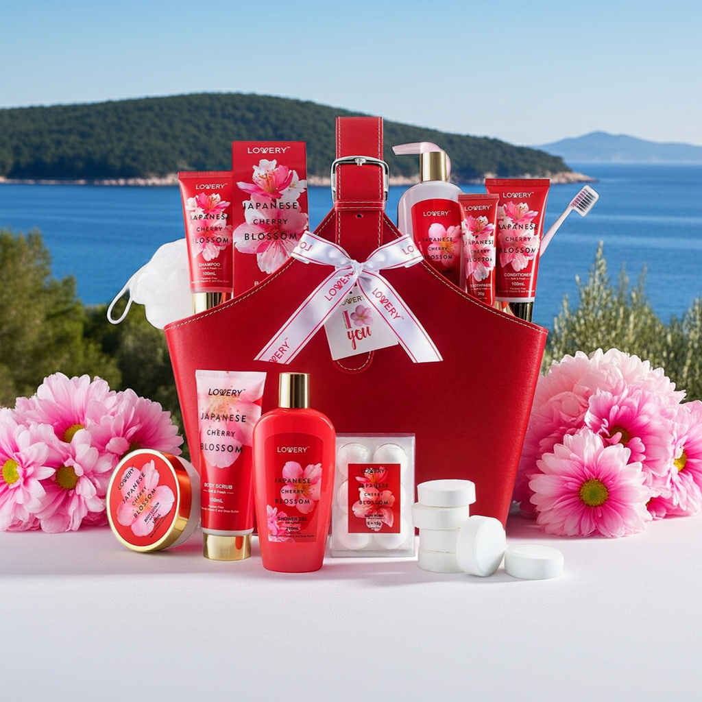 Japanese Cherry Blossom Bath Set, 25PC Spa Leather Bag