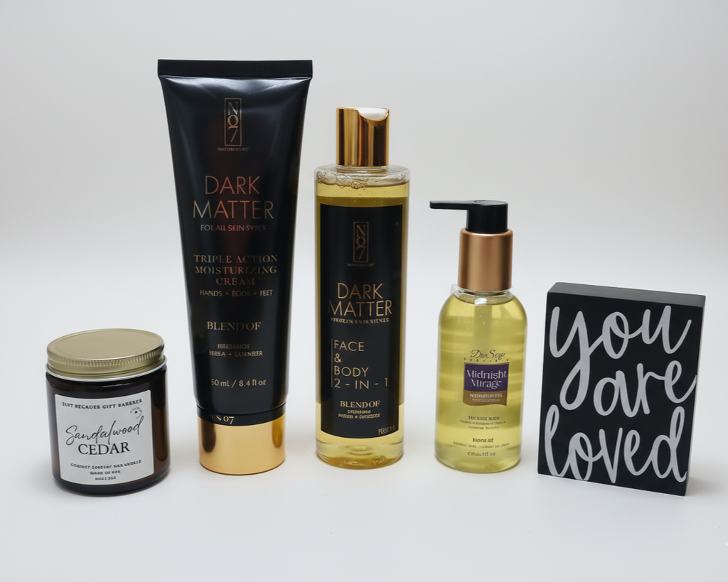 Collection of beauty products including a tube, bottles, and a small sign on a white background
