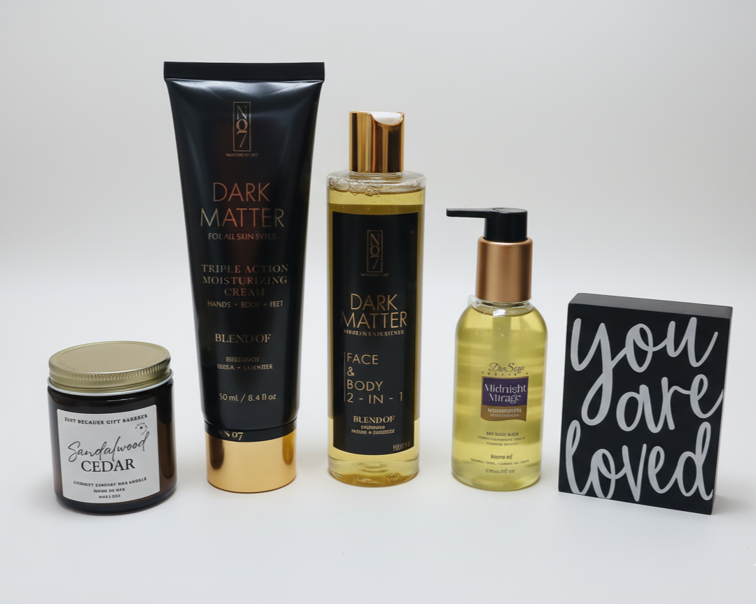 Collection of beauty products including a tube, bottles, and a small sign on a white background