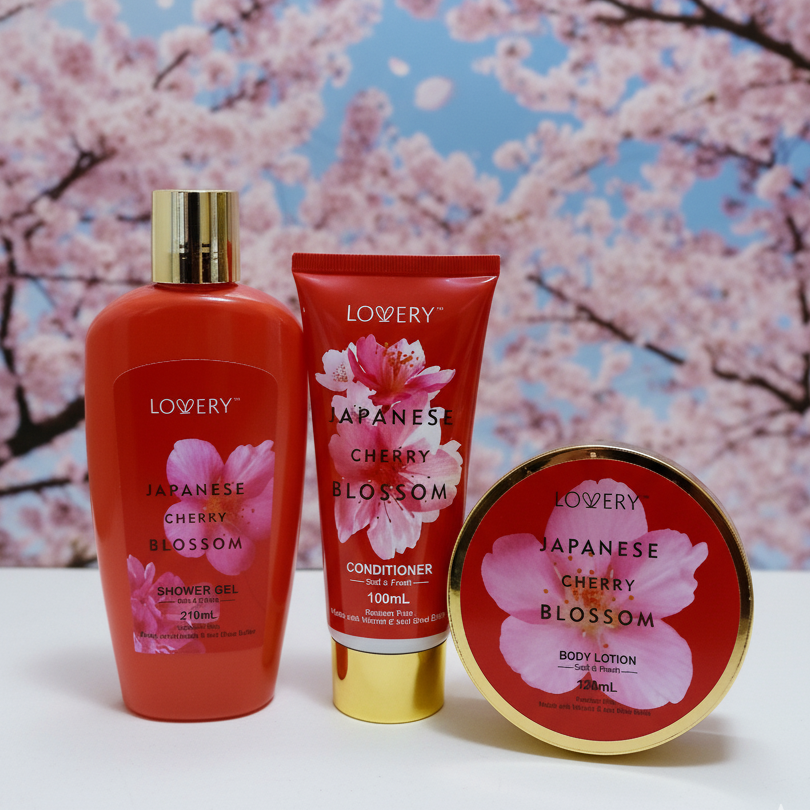 Lovery Japanese Cherry Blossom skincare products with cherry blossom background