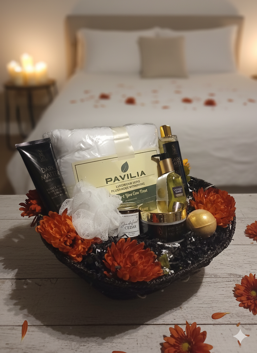 Bath products including a bottle labeled 'Pavilia' on a tray with decorative flowers in a bedroom setting.