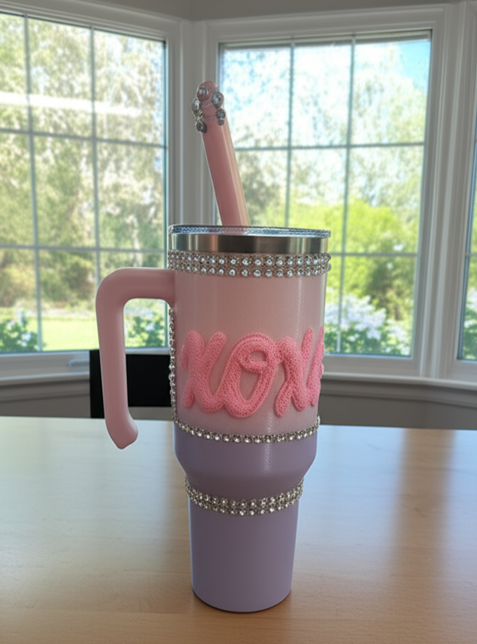 Pink tumbler with rhinestone details and a straw on a wooden surface with a window background.