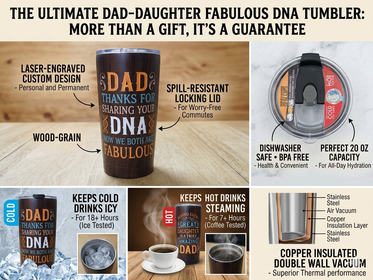 Dad-daughter DNA tumbler with features highlighted on a wooden background
