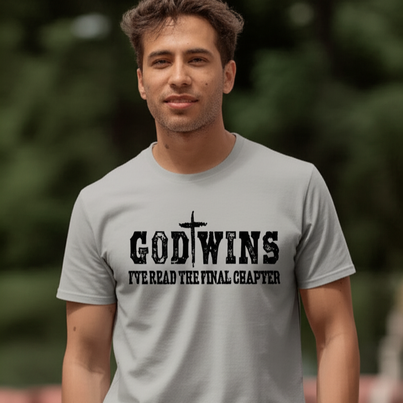 Man wearing a gray t-shirt with 'GODTWINS I've Read The Final Chapter' text.