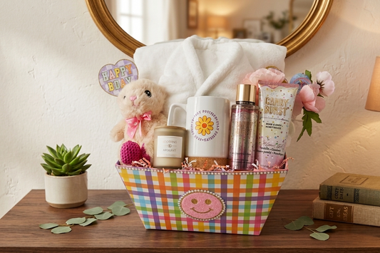 Gift basket with plush toy, candles, and other items on a wooden surface with decorative elements.