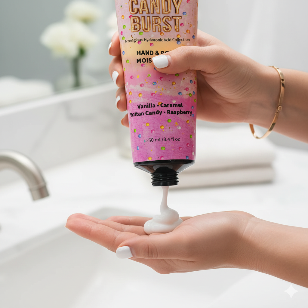 Hand holding a tube of 'Candy Burst' hand and body lotion with white cream being squeezed onto a palm.