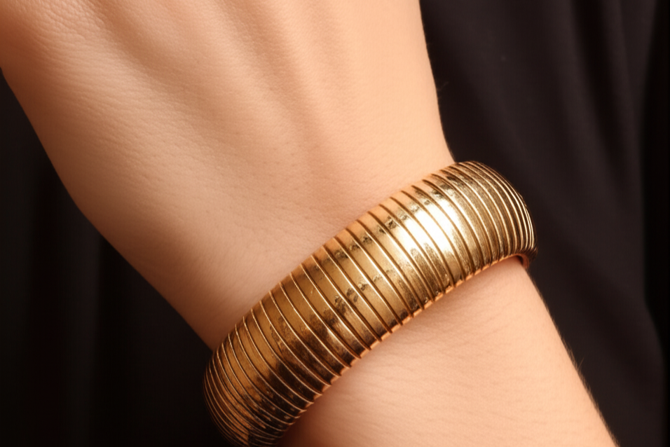 Gold bracelet on a wrist against a dark background