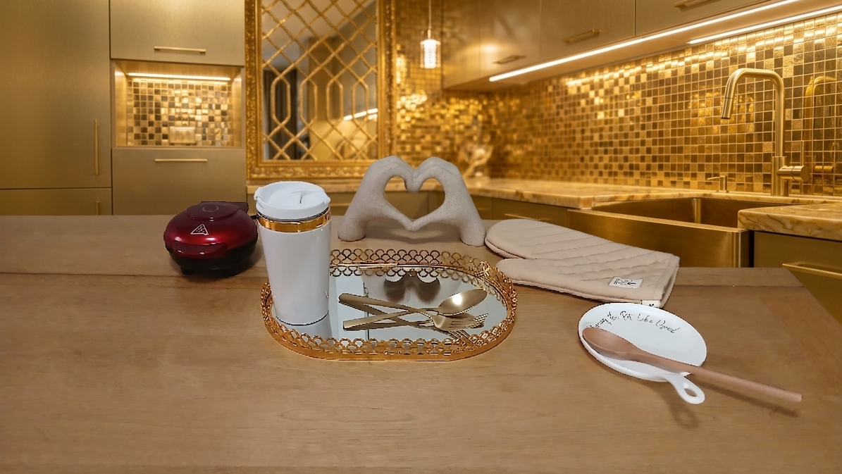 Kitchen counter with a candle, tray, and utensils in a gold-toned kitchen.