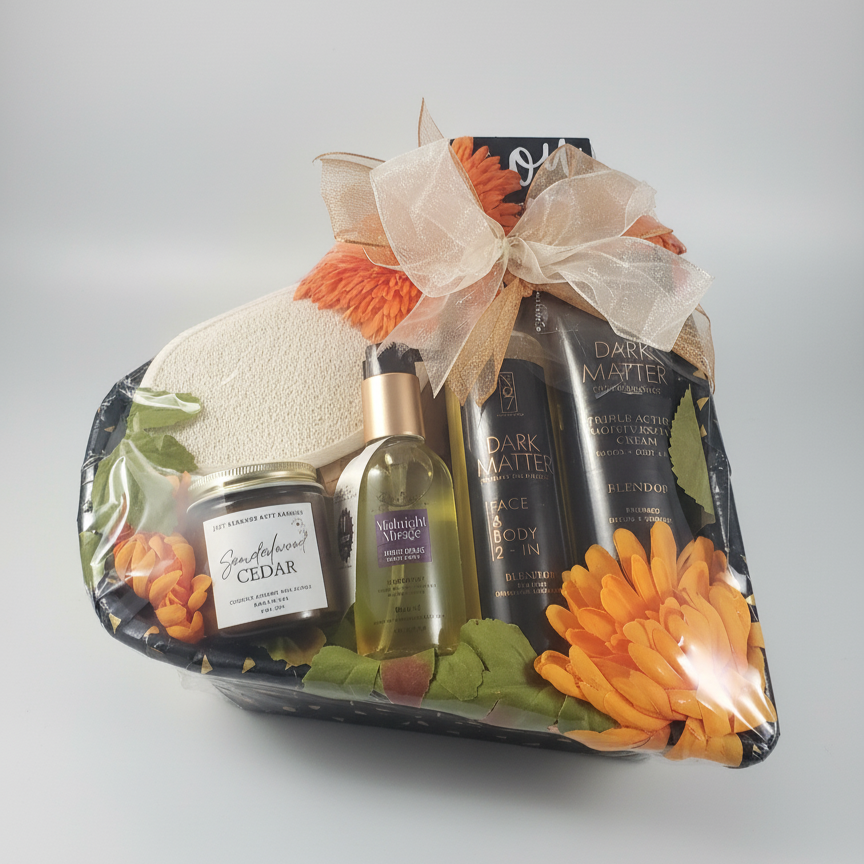Gift set with bath products including a bottle, jar, and soap bar on a white background