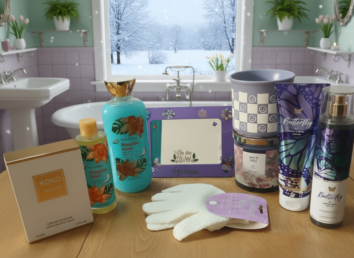 Collection of beauty and personal care products on a wooden surface with a neutral background