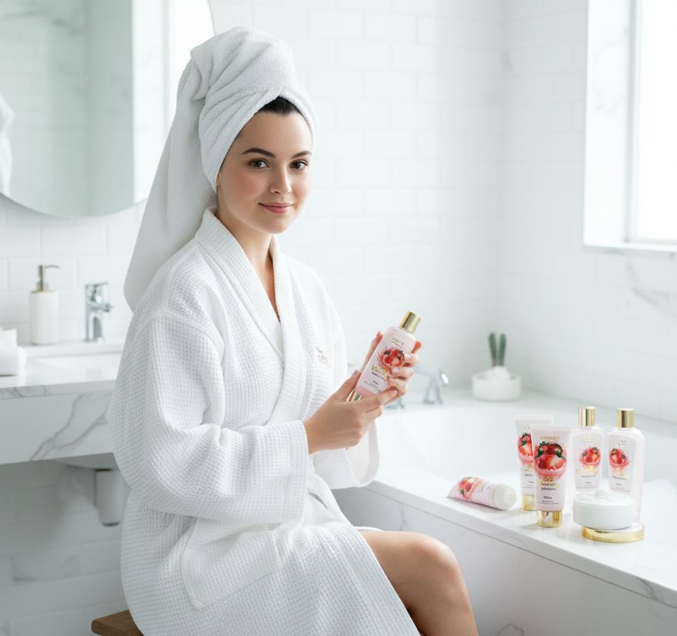 Woman in a white robe holding a skincare product in a bathroom setting